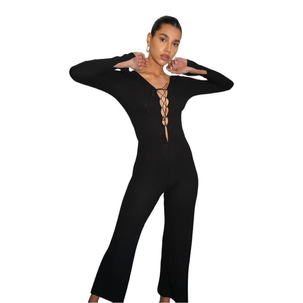 LNA Kalaya Ribbed Knit Black Long Sleeve Bodycon Lace Up Front Jumpsuit Size 1X